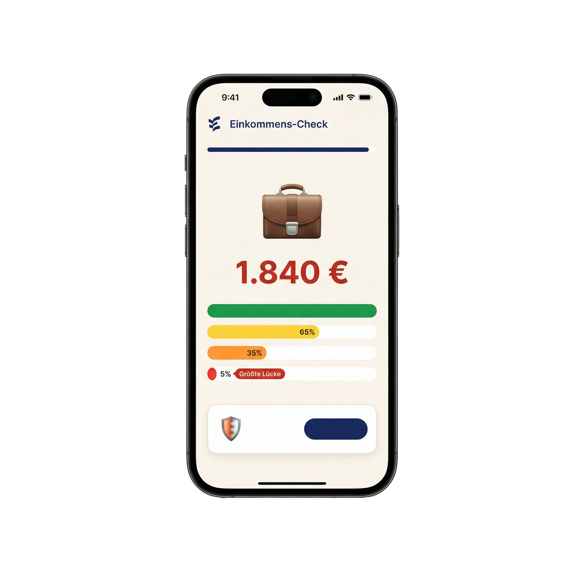 Einkommens-Check: Vorschau mit Betrag, Balken und Handlungsimpuls auf dem Smartphone