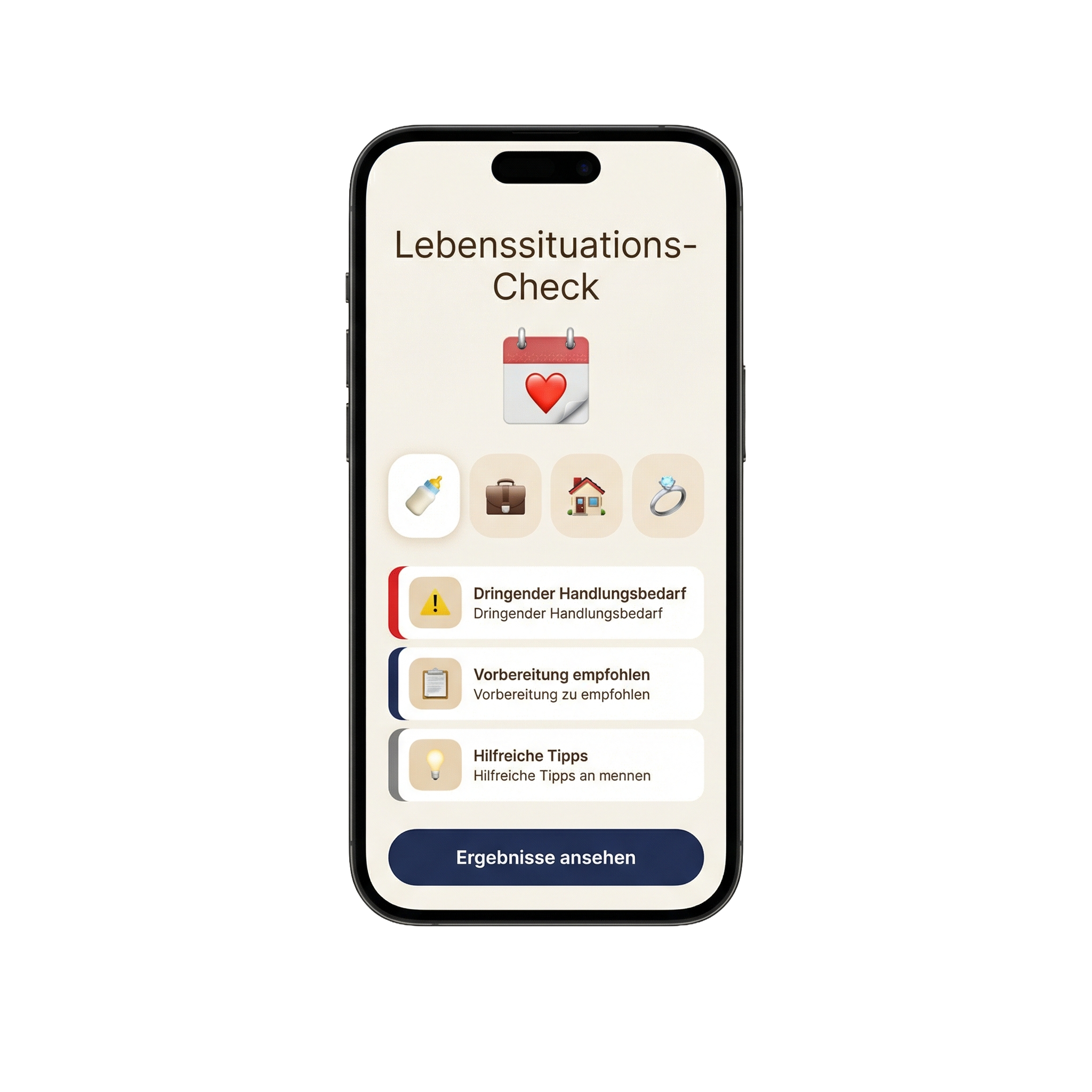 Lebenssituations-Check: Anlässe, Status-Karten und Ergebnis-CTA auf dem Smartphone