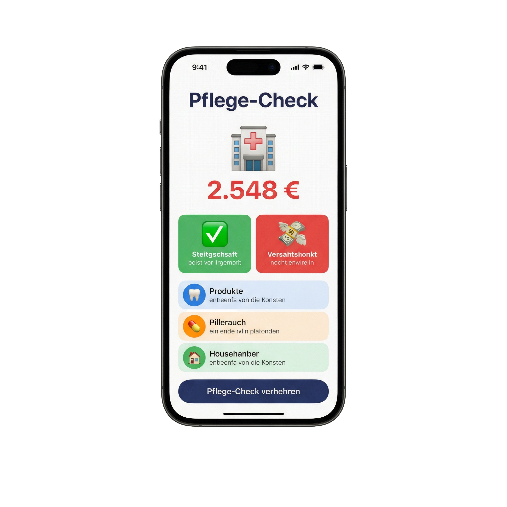 Pflege-Check: monatliche Eigenbelastung und Ergebnisübersicht auf dem Smartphone