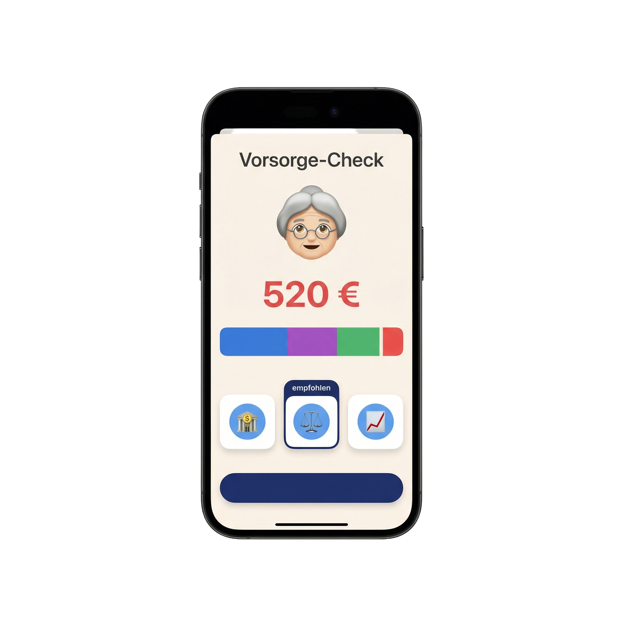 Vorsorge-Check: Rentenlücke mit Betrag, Schichten-Balken und Strategieauswahl auf dem Smartphone